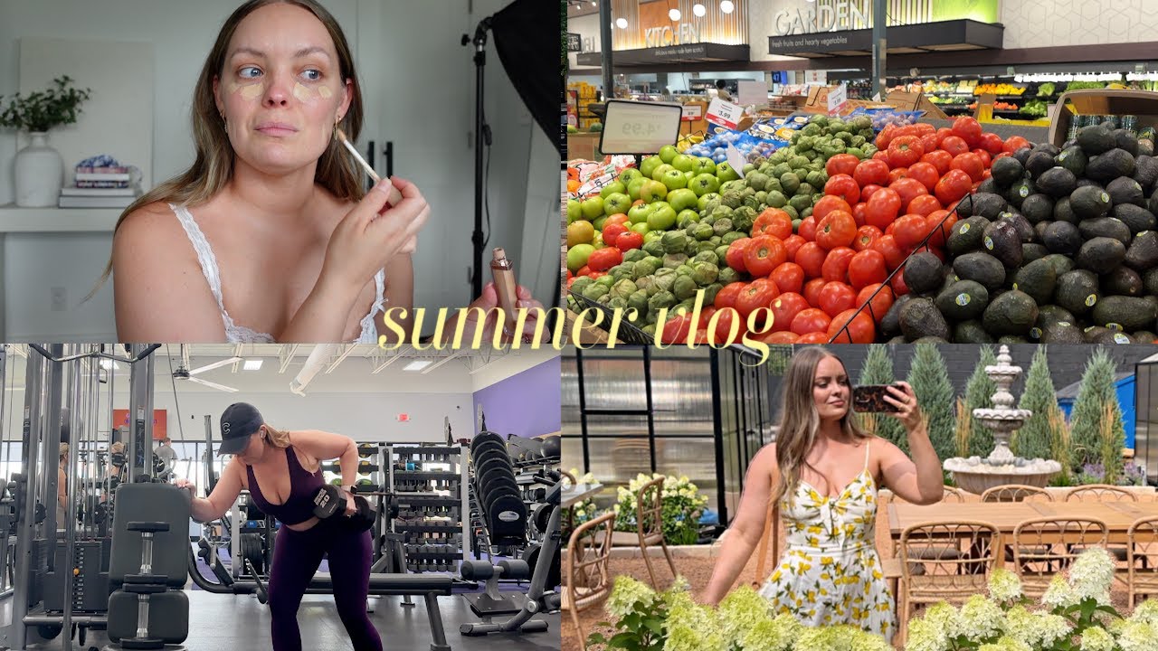 VLOG | morning workout routine, grwm makeup, outfit, groceries & healthy dinner - midwest summer!