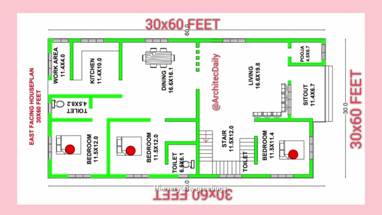 Проект дома размером 30х60 футов, ориентированного на восток | #васту #ваступлан | @ArchitecDaily...