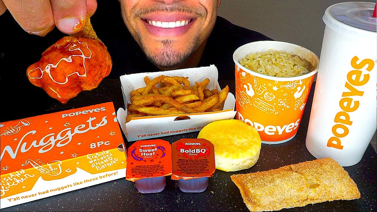 ASMR EATING POPEYES CHALLENGE *BIG BITES* SHRIMP FRIES RED BEANS AND RICE BISCUIT MUKBANG JERRY