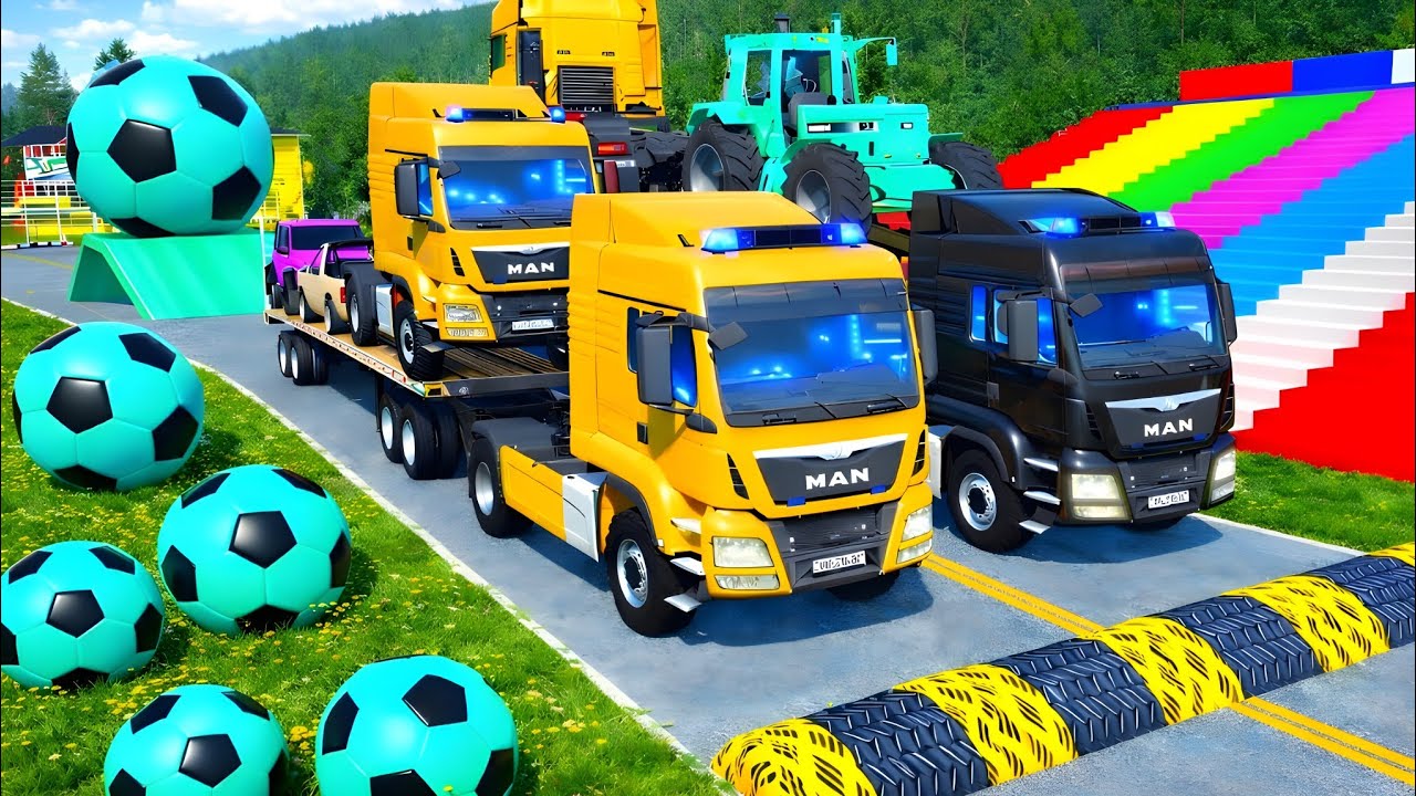 Flatbed Trailer McQueen Transportation with Truck - Speedbumps vs Cars vs Train - BeamNG.Drive  002