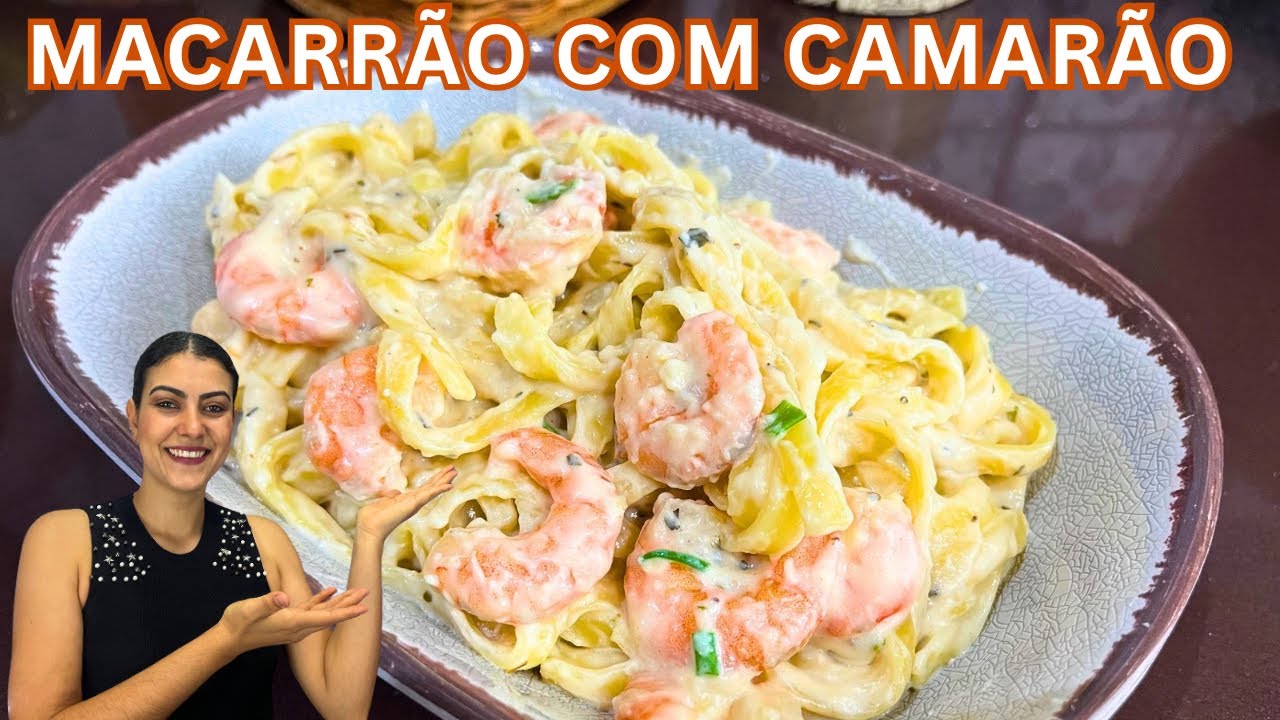 MACARRÃO AO MOLHO BRANCO COM CAMARÃO - uma ótima opção pra fazer um macarrão diferente.