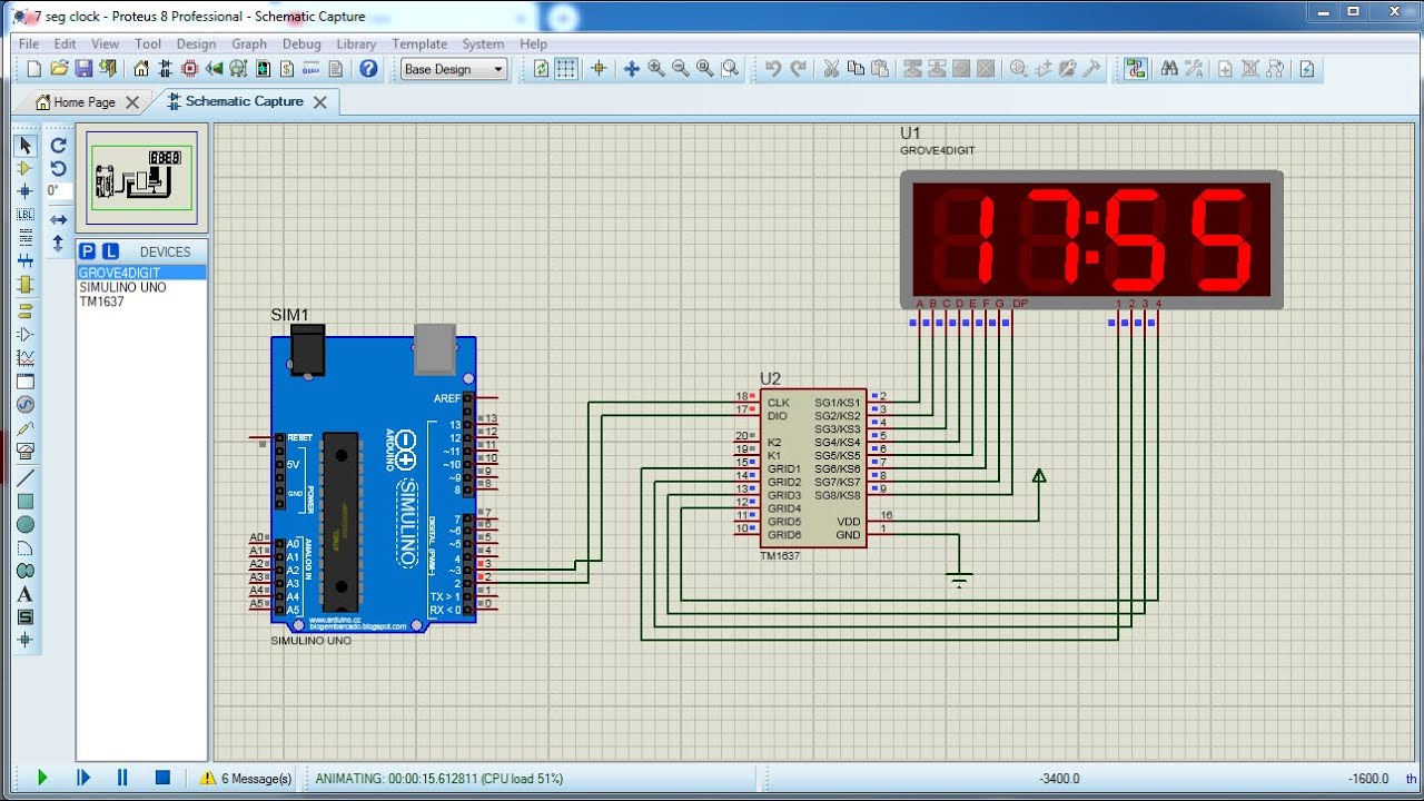 Моделирование часов с 7-сегментным дисплеем Arduino в Proteus