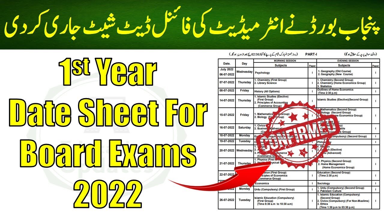 1st Year Date Sheet 2022 | 11th Date Sheet 2022 | Board Exams 2022 | By Education Updates