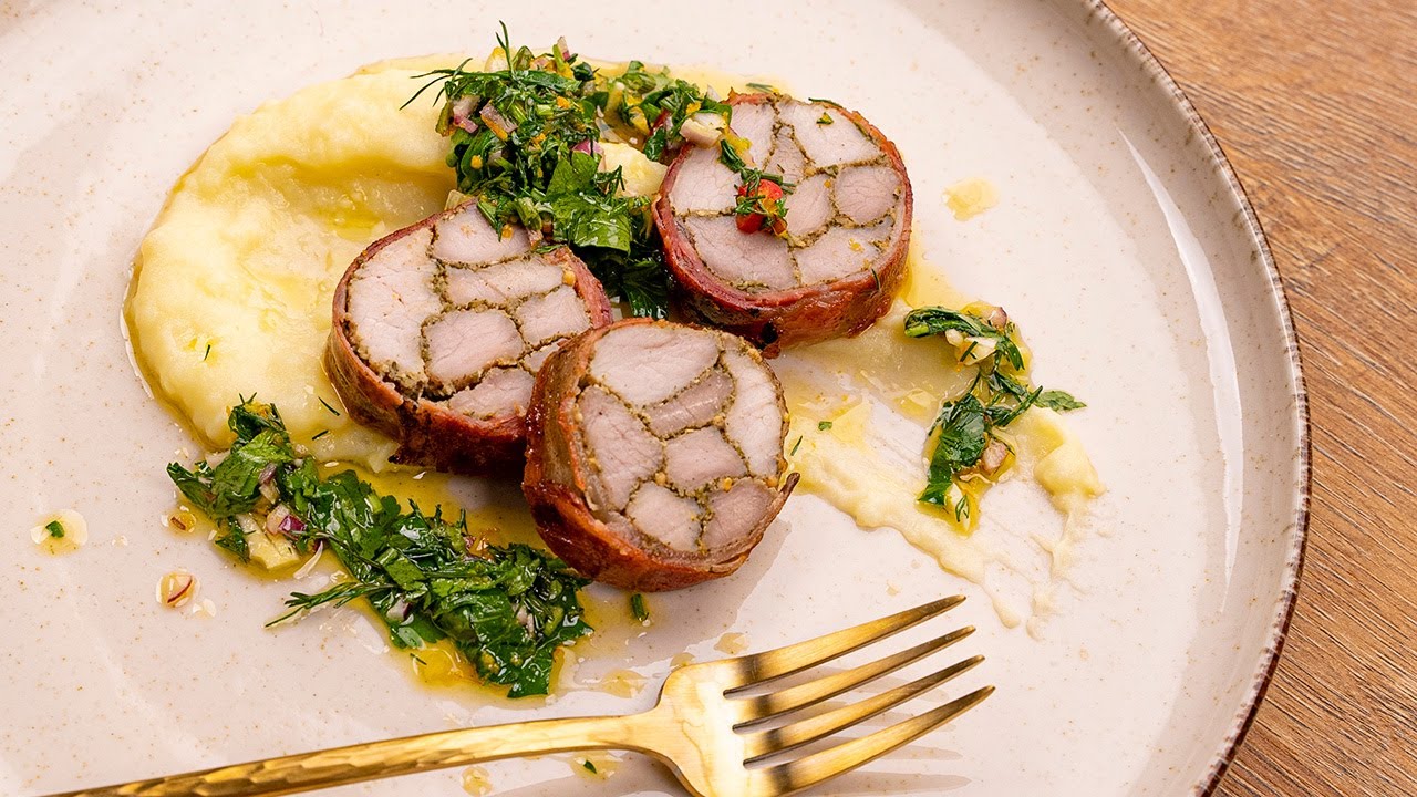 Bacon Wrapped Pork Tenderloin with Mashed Potatoes and Chimichurri