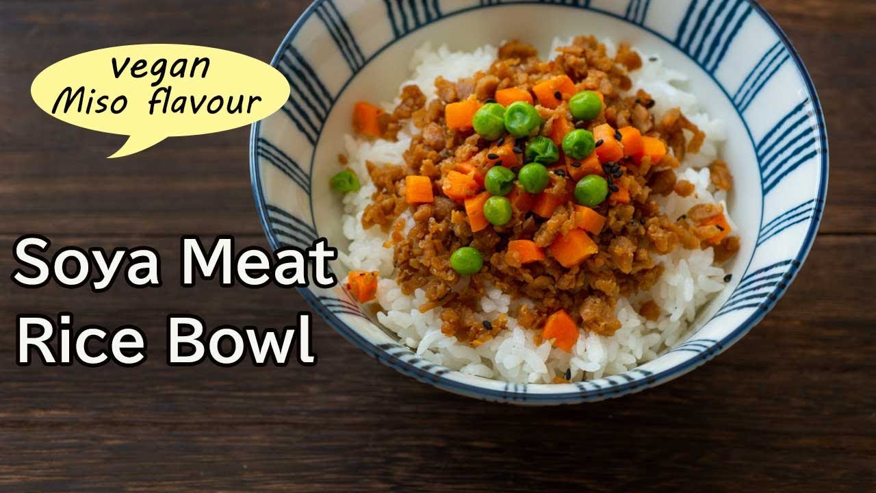 How to cook soya mince, Miso Soya meat rice bowl recipe, vegan, vegetarian protein meal