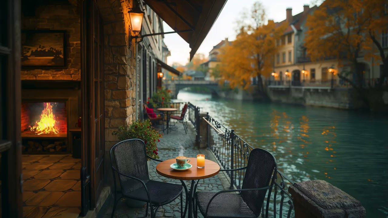 Cozy Riverside Terrace Café ☕ Smooth Jazz & Warm Lantern Glow | Ambience for Studying & Relaxation