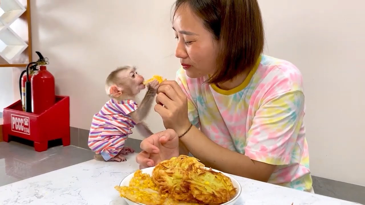 Monkey Puka and Khang enjoys mother's fried cake
