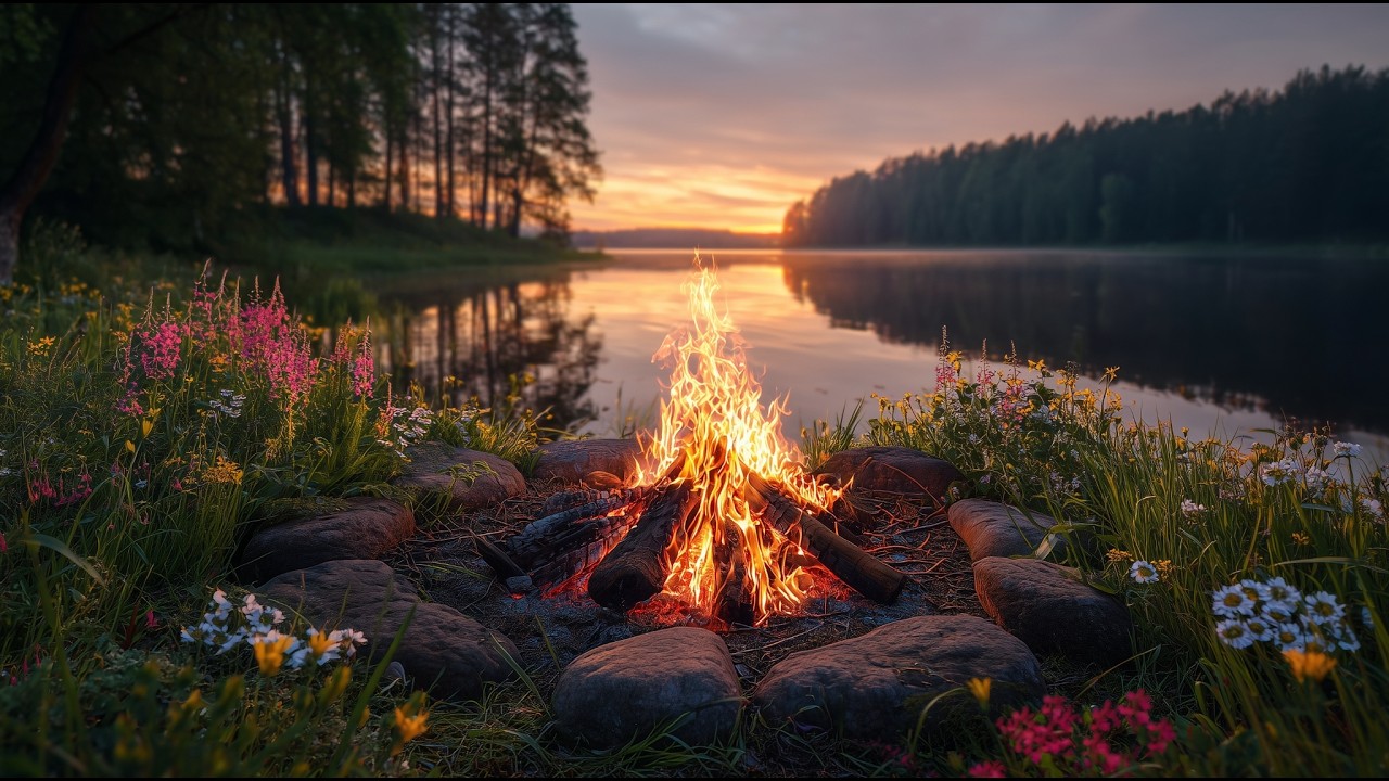 Spring Campfire Ambience 🌸🔥 Real Nature ASMR by the Lake for Relaxation and Calm