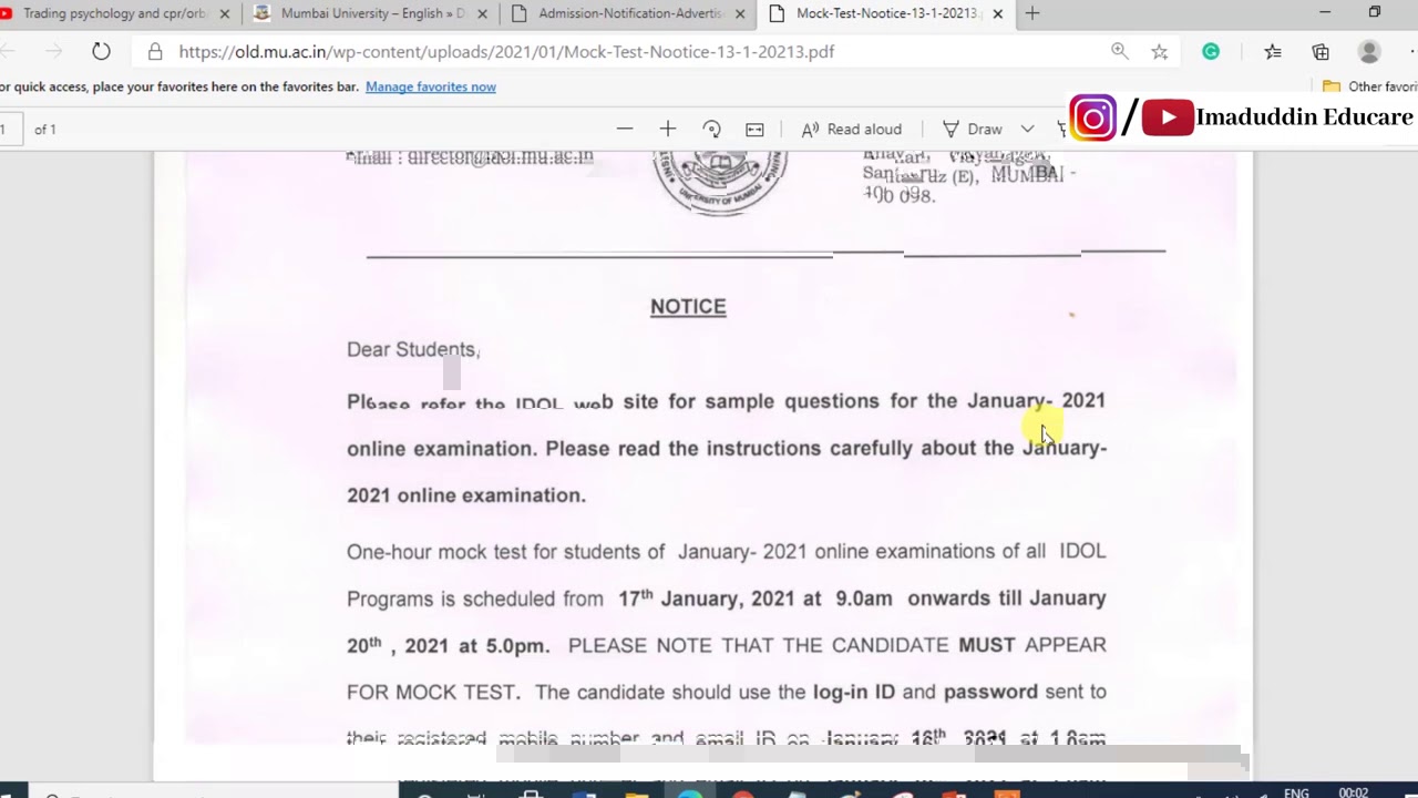 IDOL Admission 2020-21 | Online Mock Test | IDOL Online Examination | IDOL Mumbai University