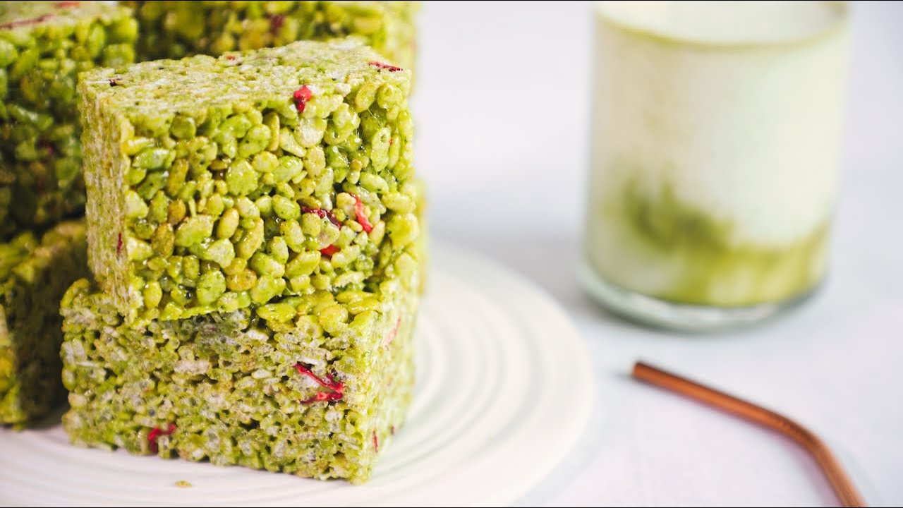 Easy 3 Ingredients Matcha Green Tea Rice Crispy Treats | 抹茶棉花糖米通 (棉花糖沙琪瑪) | Carré aux Rice Crispy
