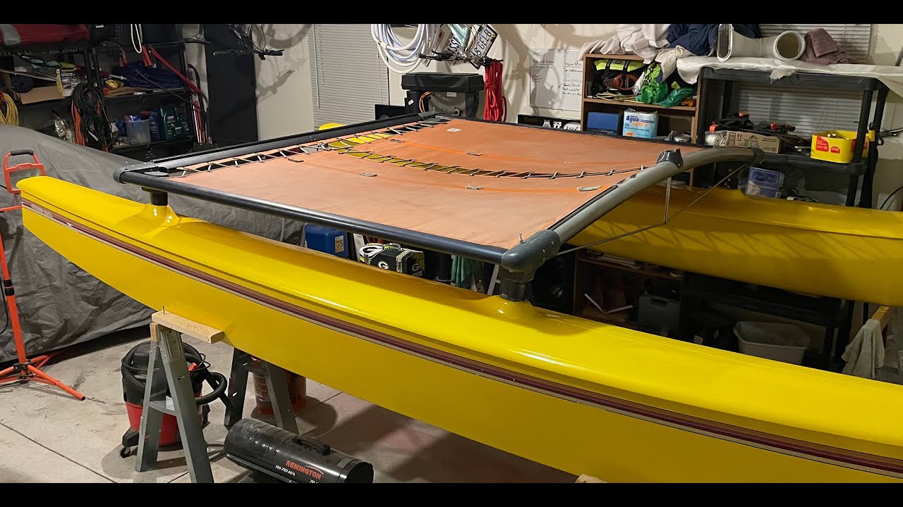 1979 Hobie Motorcat project, trampoline install, Episode 7