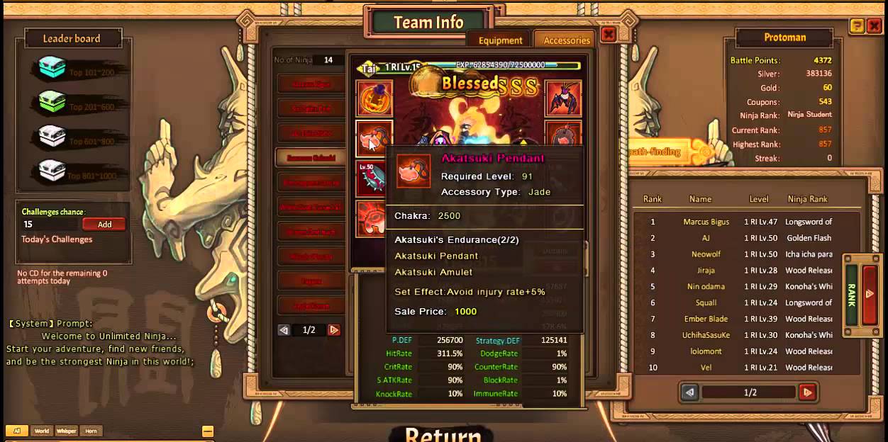 Unlimited Ninja Showing Off Marcus Bigus's Account