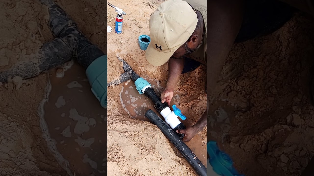 تركيب نظام السقي بالتقطير 1 تركيب محبس وسط أنبوب 63 ملم