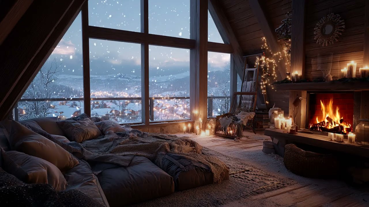 Tranquil Snowy Cabin Night Sounds | Fireplace Warmth and Winter Snow Relaxation