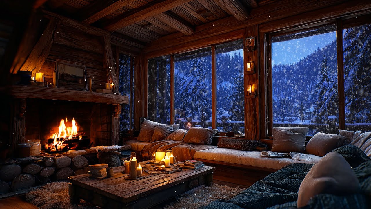 Snowy Mountain Night Outside Cozy Cabin 🔥 | Fireplace Glow for Calm Sleep and Relax (NO ADS)
