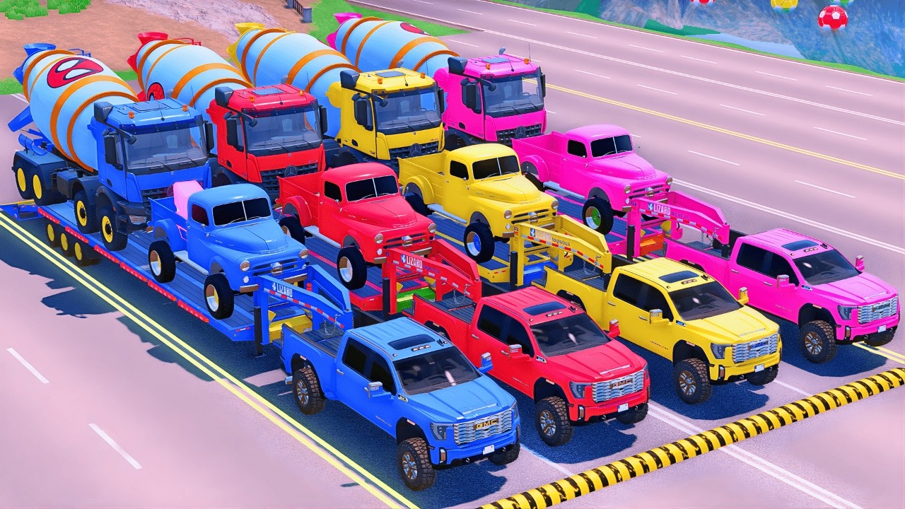 Transporting Colorful MIXER TRUCKS with Flatbed Trailer | GMC, Dodge, Mercedes | FS22