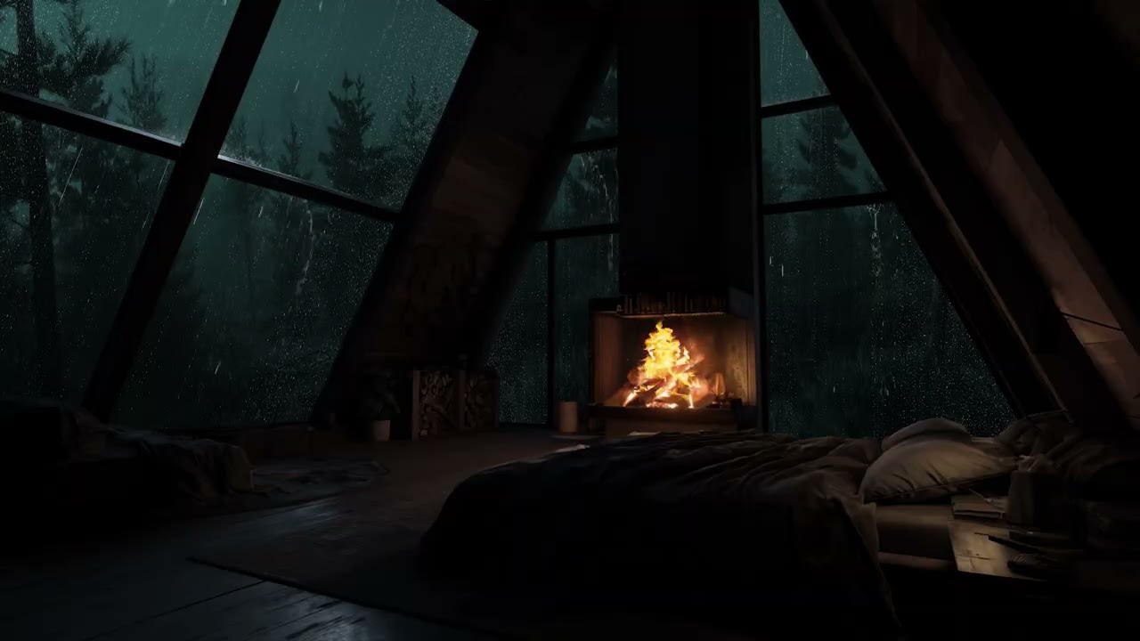 Peaceful Forest Cabin Night with Rain Outside and Fireplace Sounds Inside