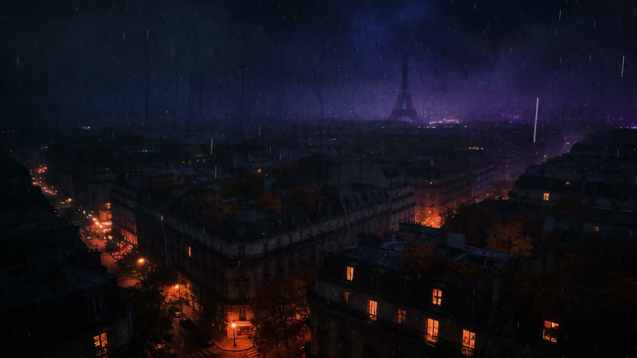 Rainy Night Over Paris Skyline 🌧️ Cozy City Rain Sounds for Sleeping, Relax & Fall Asleep Fast
