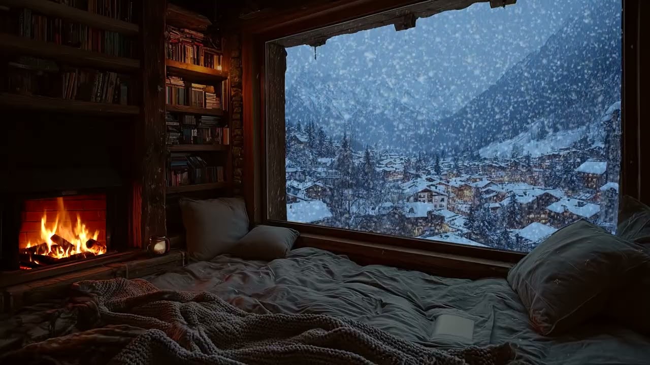 Winter Cabin Sounds for Insomnia Relief | Crackling Fireplace & Snow Ambience for Deep Sleep