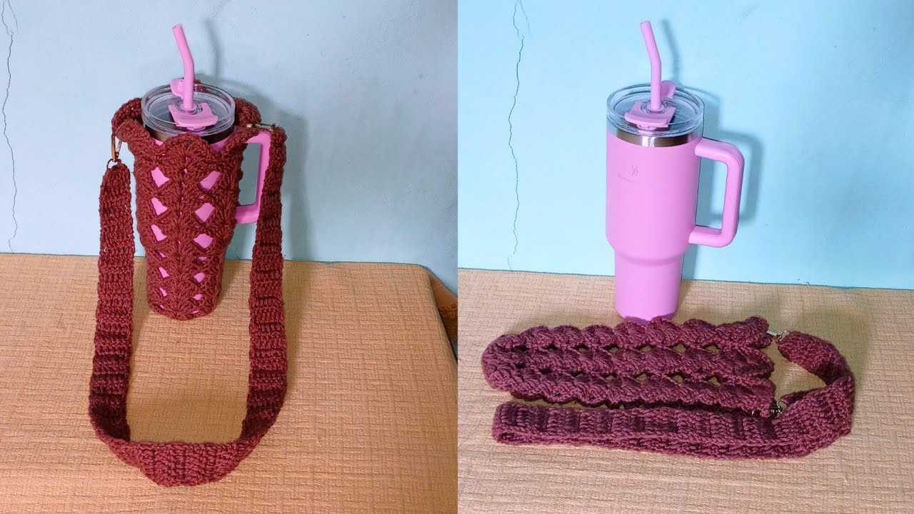 Bolsa de crochê com alça removível pra copo Stanley 