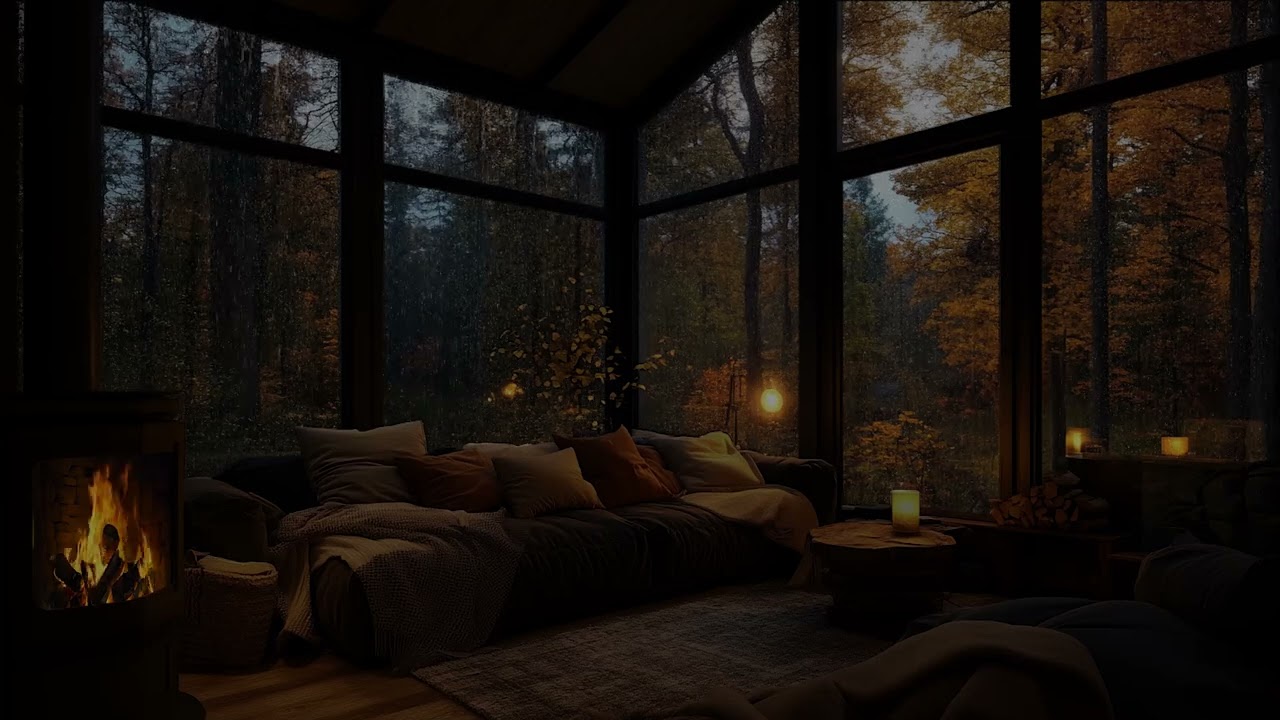 🔥 A Rainy Glass Room & Soft Fireplace – Let Stillness Heal What the World Cannot