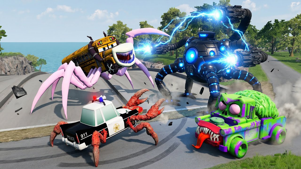 ALL MONSTERS Big & Small Cars vs Downhill Madness with NEW HOUSE HEAD & OMNIDROID 16 BeamNG.Drive