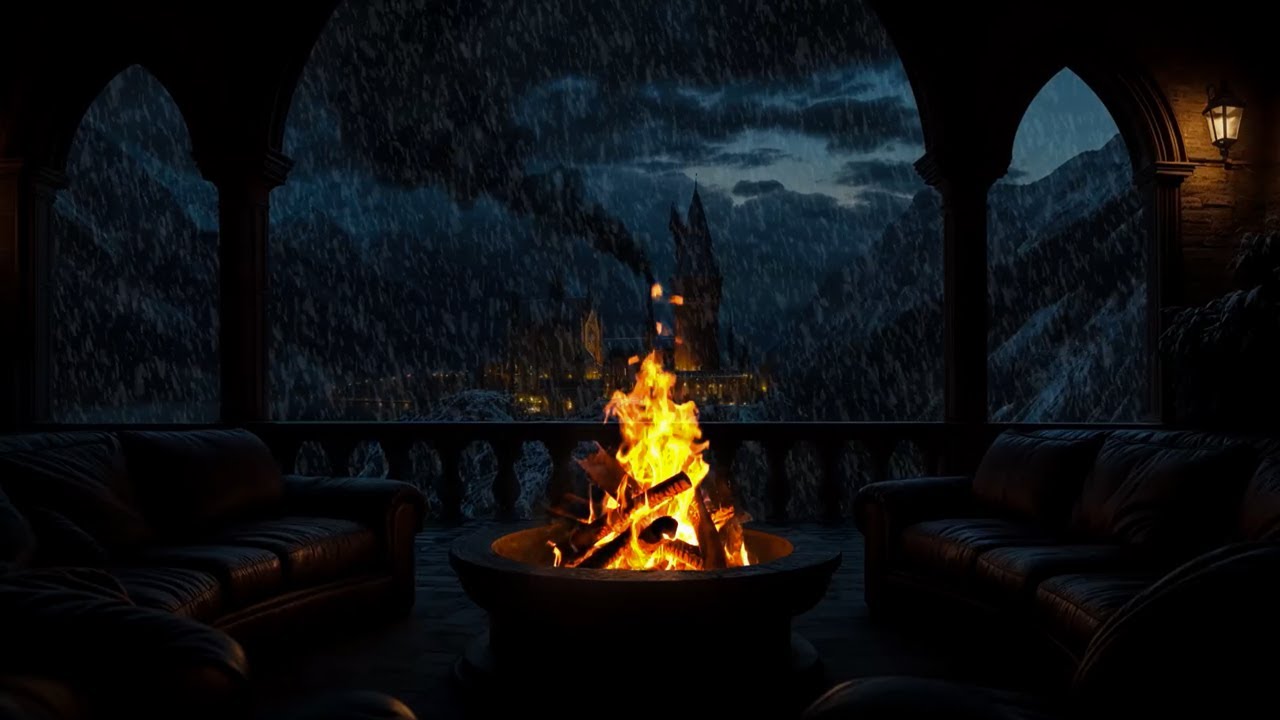 ❄️ Winter Terrace Fireside | Snowfall View & Calm Night Relaxation