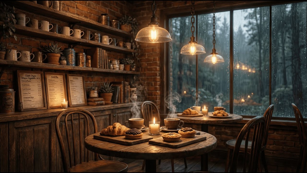 Peaceful Rainy Cafe with Gentle Jazz - Perfect Background Music for Study & Sleep