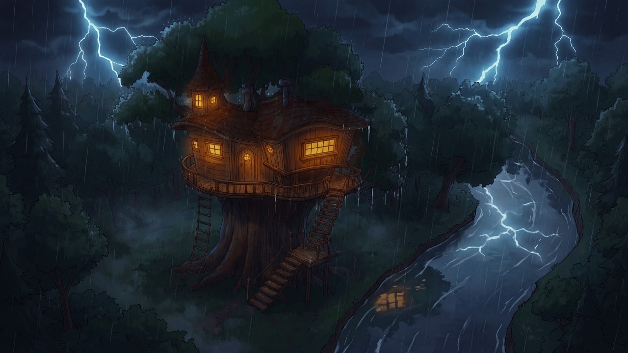 A Cozy Night in the Treehouse - Rain, Warm Soup, and Morning Mist | Ghibli-Style Video