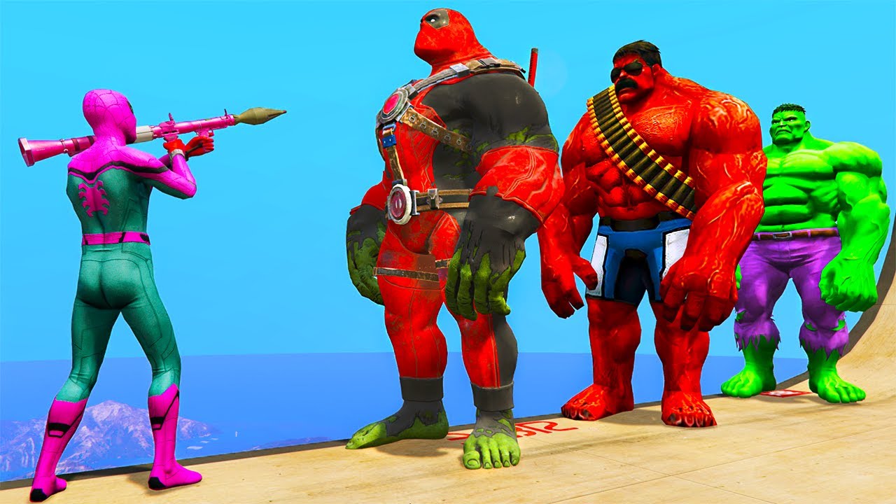 GTA 5 Water Ragdolls PURPLE SPIDERMAN VS DEADPOOL HULK (GTA5 Euphoria Physics Funny Moments)