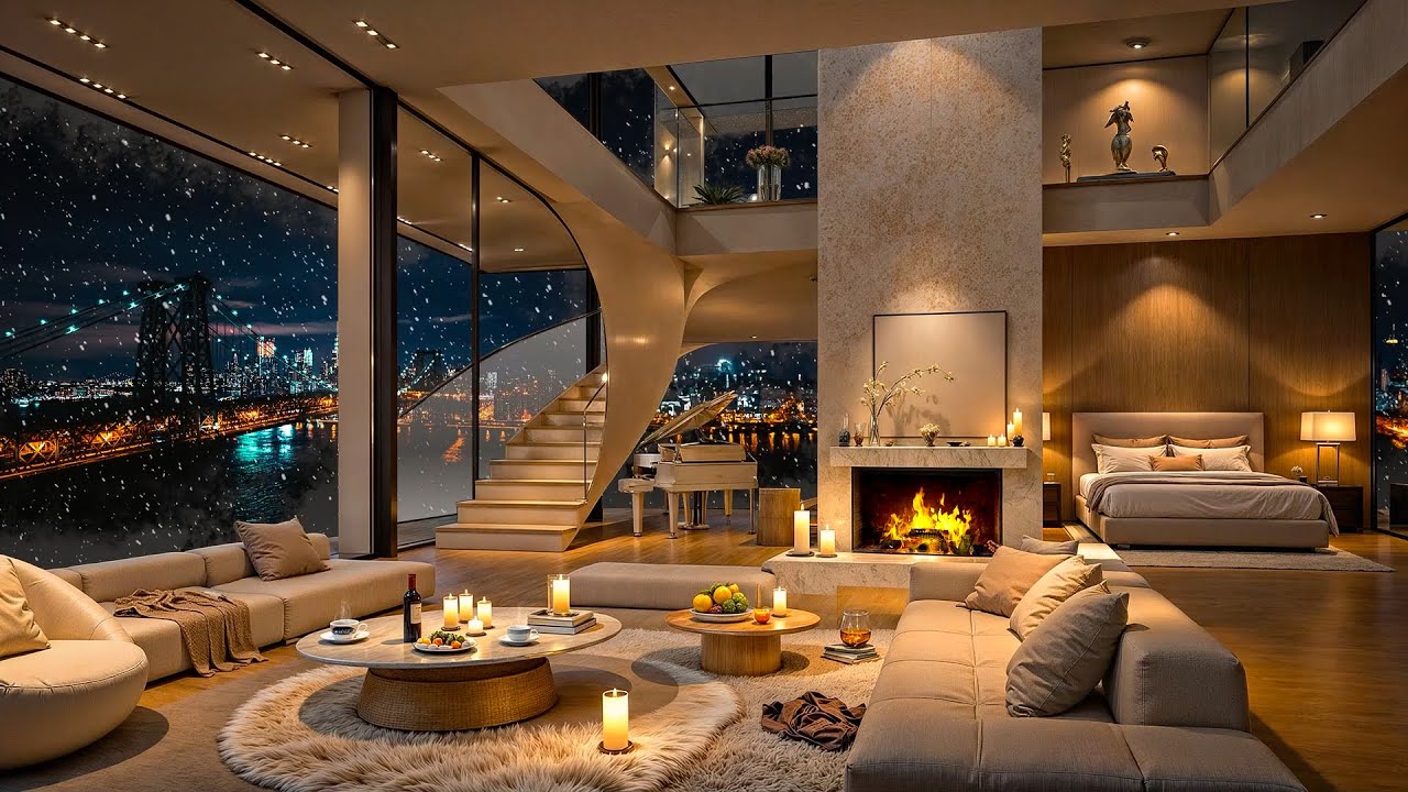 Cozy NYC Apartment Overlooking the Brooklyn Bridge 🌃 Soothing Jazz & Crackling Fireplace for Relax