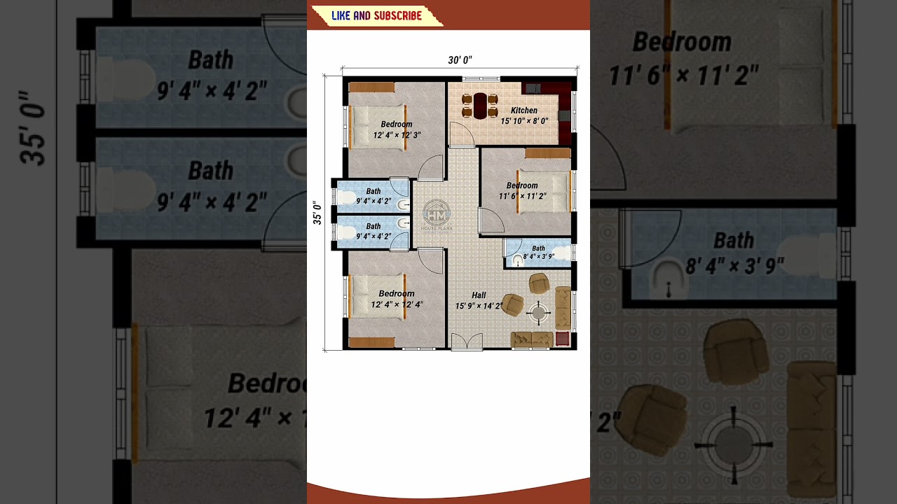 🏠 30'x35' 3BHK House Plan | Spacious & Modern Home Design