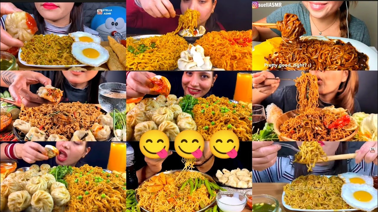 Spicy 🥵 noodles and momos with chutney eating sounds mukbang Asmr compilation  #mukbangers #indian 