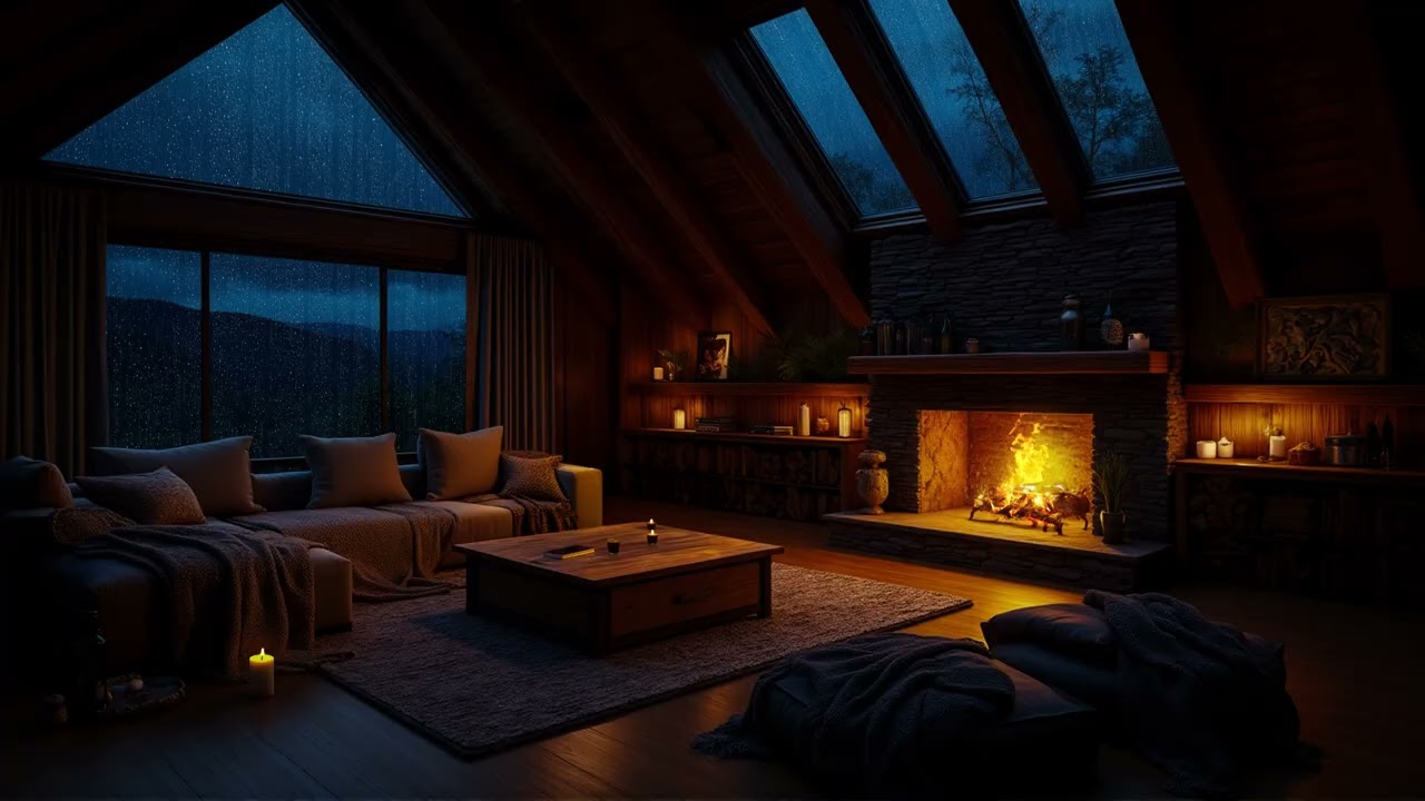 Peaceful Rainstorm in a Cozy Cabin  Rain Sounds and Fireplace Ambience for Deep Sleep