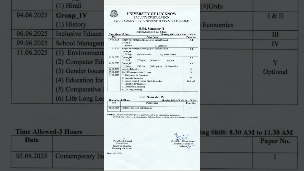 Exam date lucknow university B.Ed 2nd and 4th even Semester #lucknowuniversity