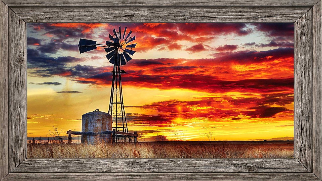 High Plains Sunset in 4K | Rustic Windmill Silhouette | Framed Western Wall Art for TV