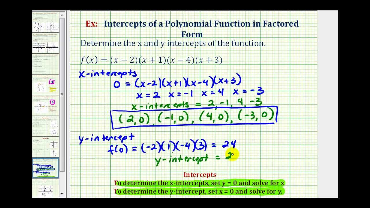 Ex:  Find the Intercepts of a Polynomial Function in Factored Form
