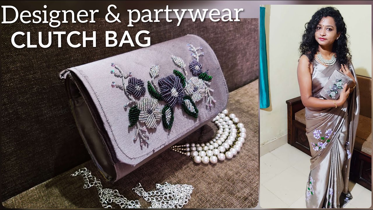 How to make Designer Clutch Bag at Home II DIY Washable Clutch  Purse with Sling II Beads Embroidery