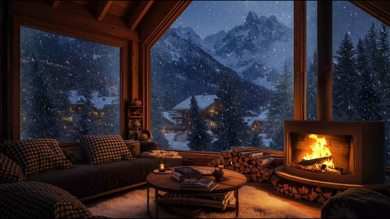 Calm Snowy Winter Cabin at Night (No Ads) | Cozy Fireplace Ambience for Rest & Relaxation