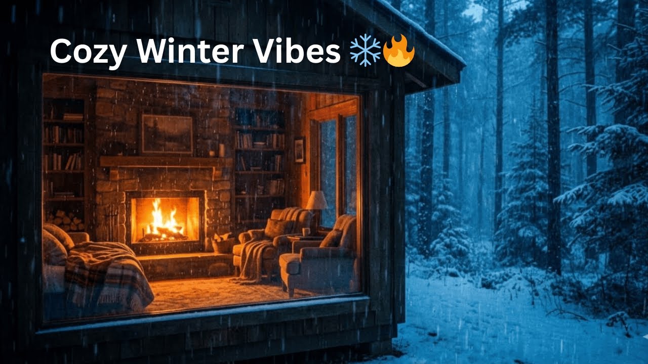 Cozy Winter Cabin with Fire & Rain – Relaxing Ambience for Calm & Peace