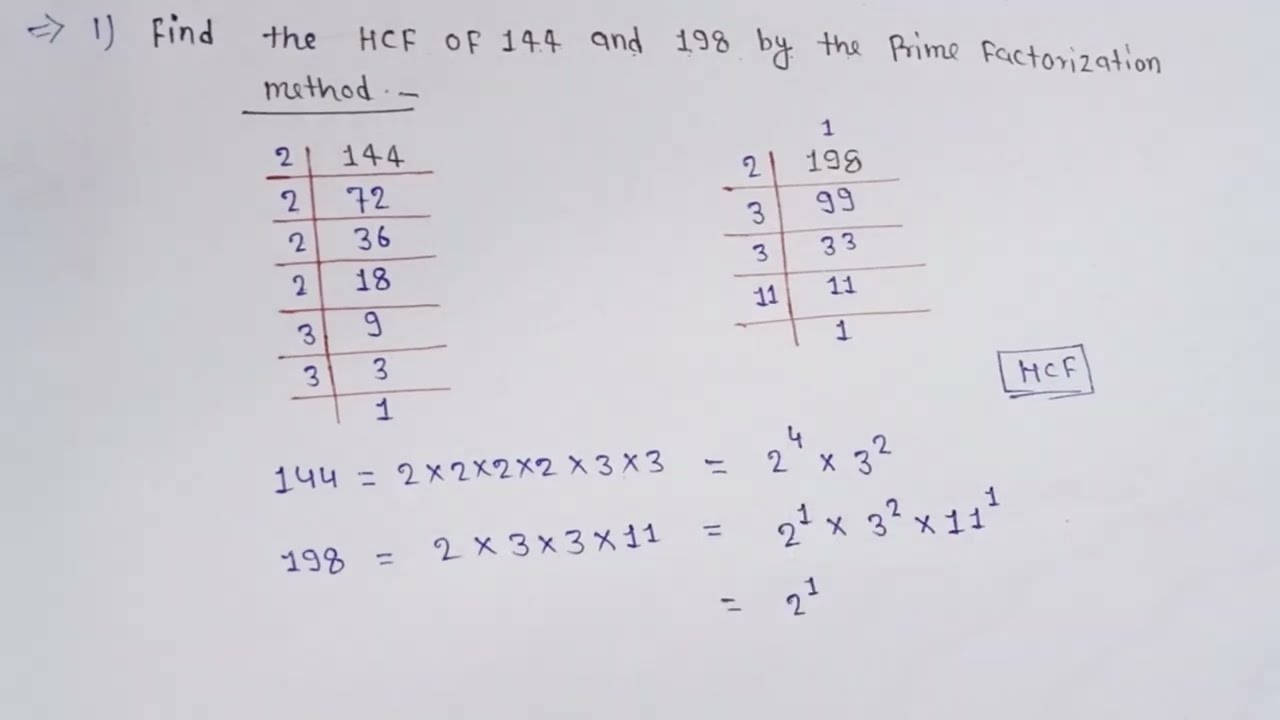find the HCF of 144 and 198 by the prime factorization method ll HCF , ll prime factorization