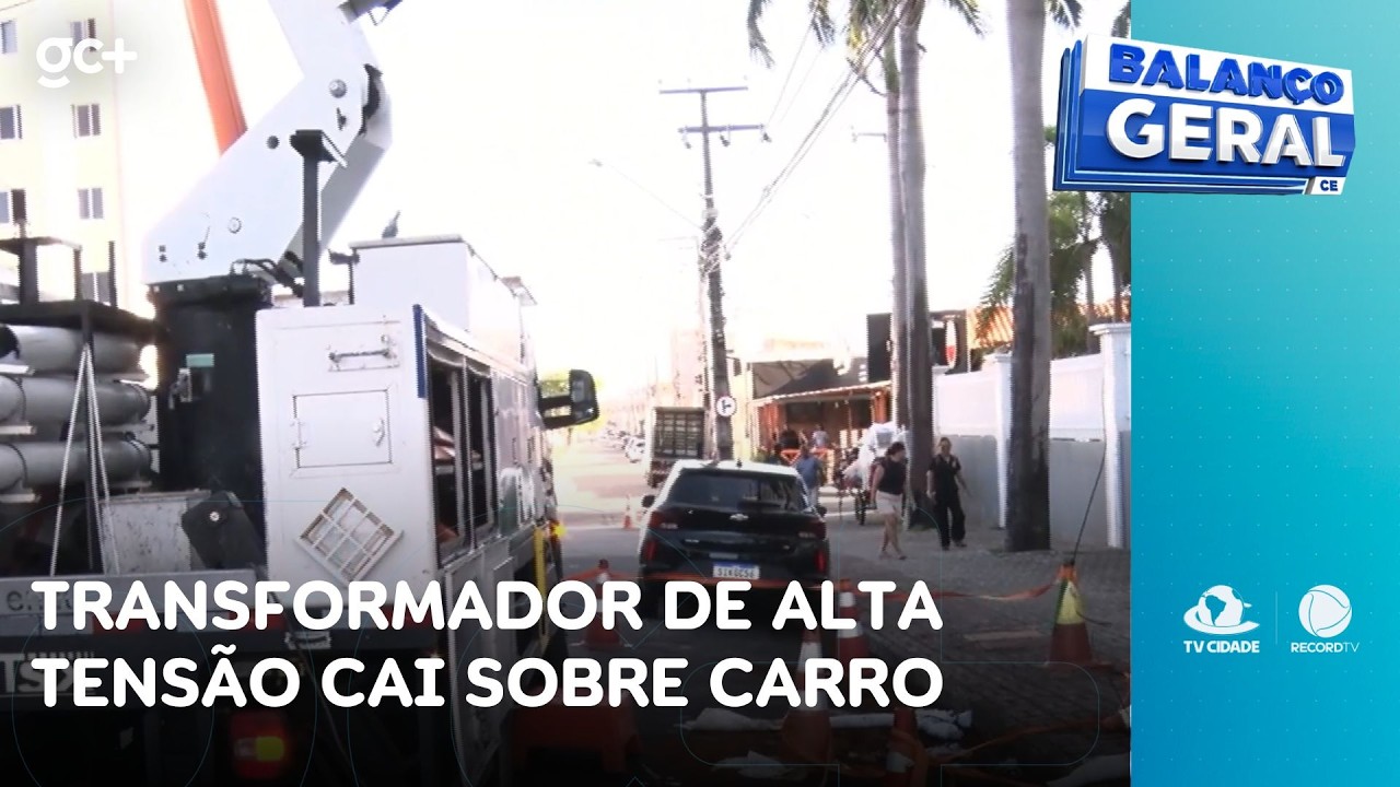 Transformador de alta tensão cai sobre carro: houve curto-circuito e explosão | Balanço Geral CE