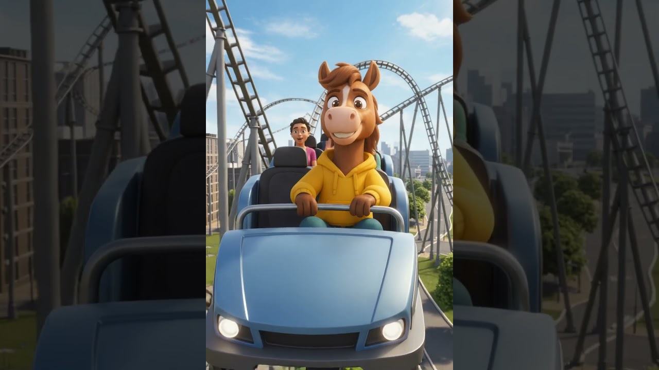 Cute Horse Riding a Roller Coaster! Exciting Amusement Park Animation🐴