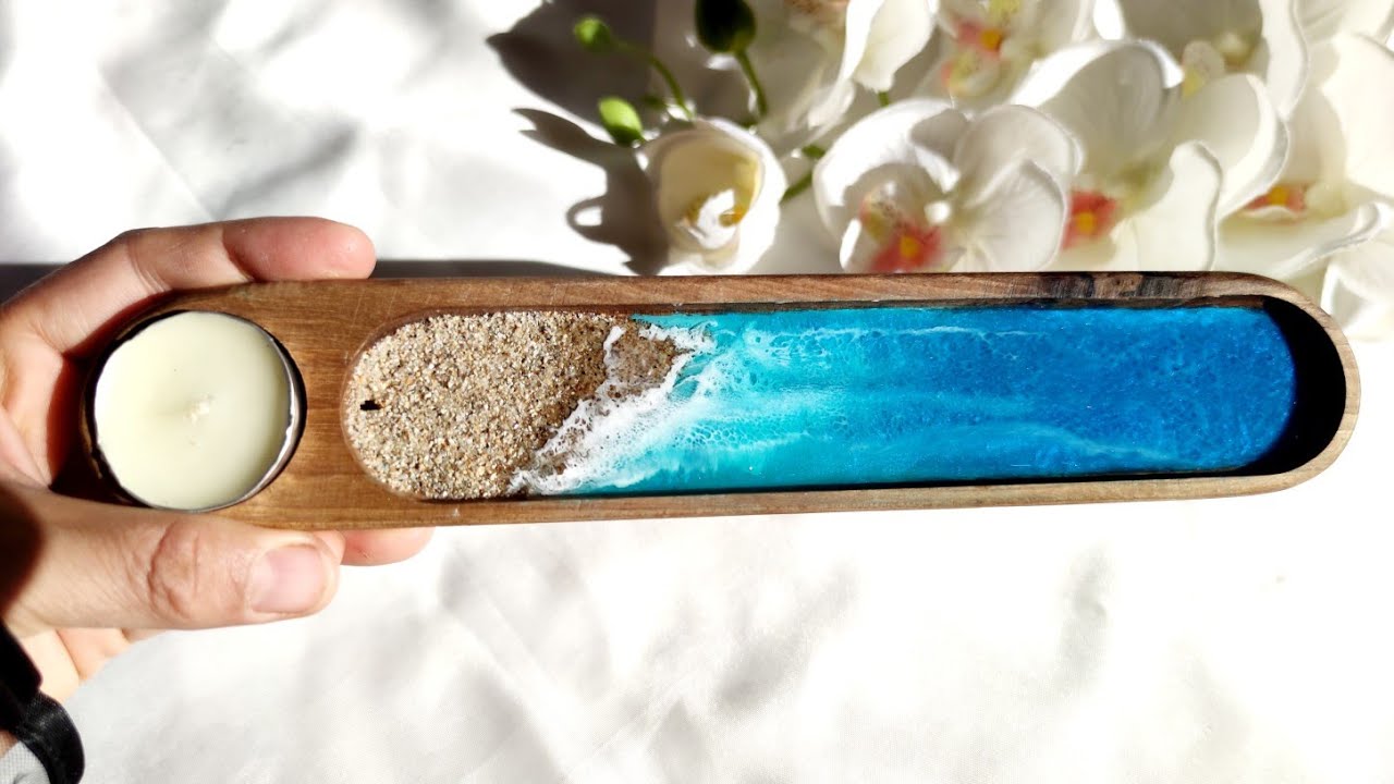 Wooden Incense & Candle Holder 🌊 Resin Ocean Design