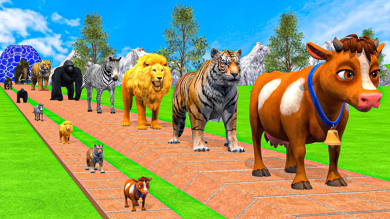 Long Slide Game With Cow Elephant Gorilla Hippopotamus Tiger - 3d Animal Game - Funny 3d Animals