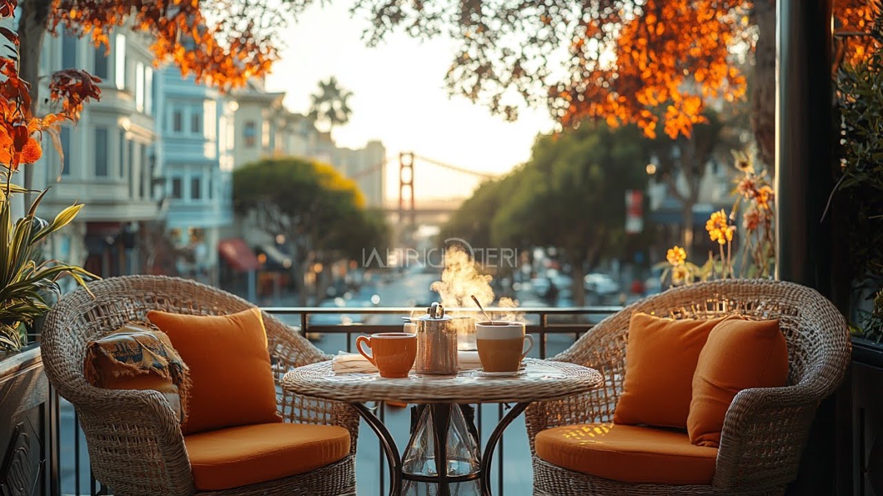 Golden Hour Jazz at San Francisco Coffee Shop | Relaxing Bridge View & Smooth Melodies