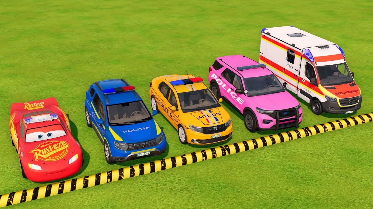 TRANSPORTING CARS, AMBULANCE, FIRE TRUCK, POLICE CARS OF COLORS! WITH BIG TRUCKS! -fs22 #25