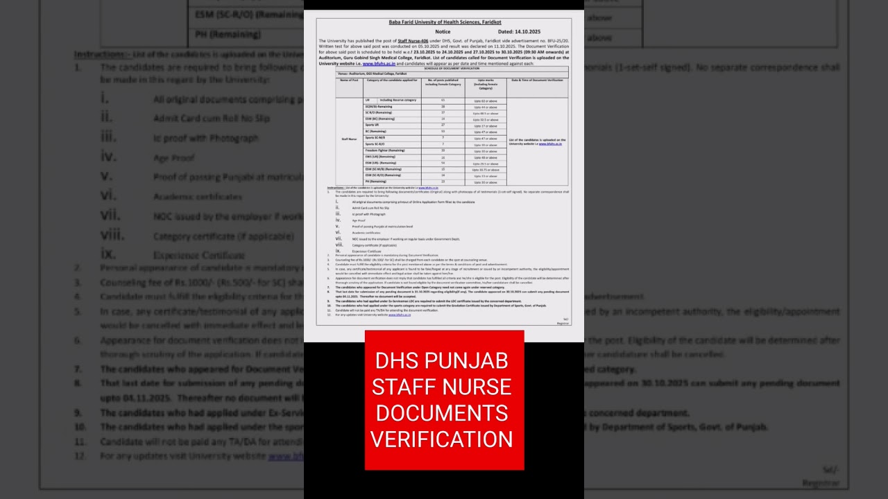 🚨 DHS STAFF NURSE DOCUMENTS VERIFICATION  Date &bull; Time &bull; List OUT 🔥 #dhspunjab #staffnurse #DVLIST