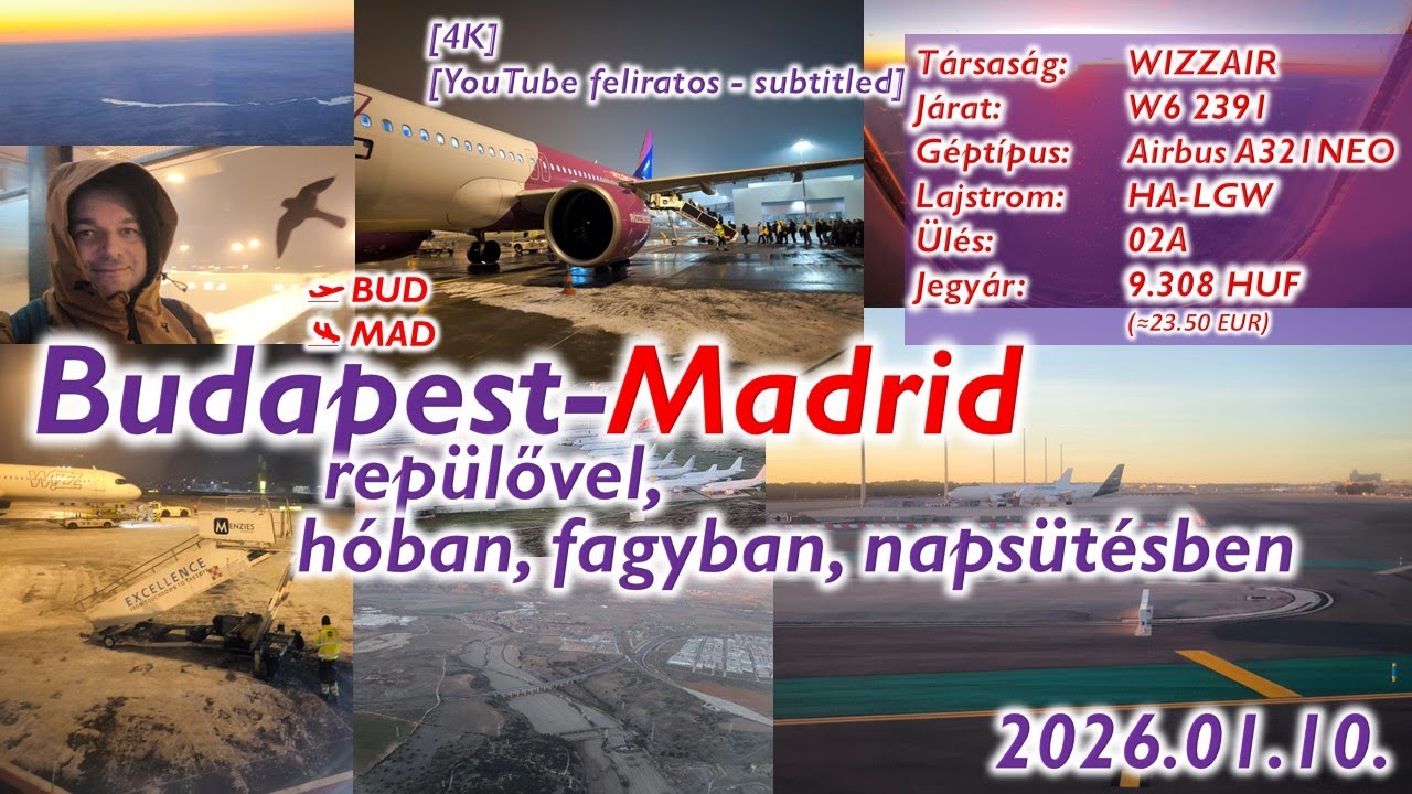 Будапешт-Мадрид на самолёте, в снегу, морозе, под солнцем (2026) │ #полныйполет │ 🇭🇺BUD-MAD🇪🇸 │ [4K]