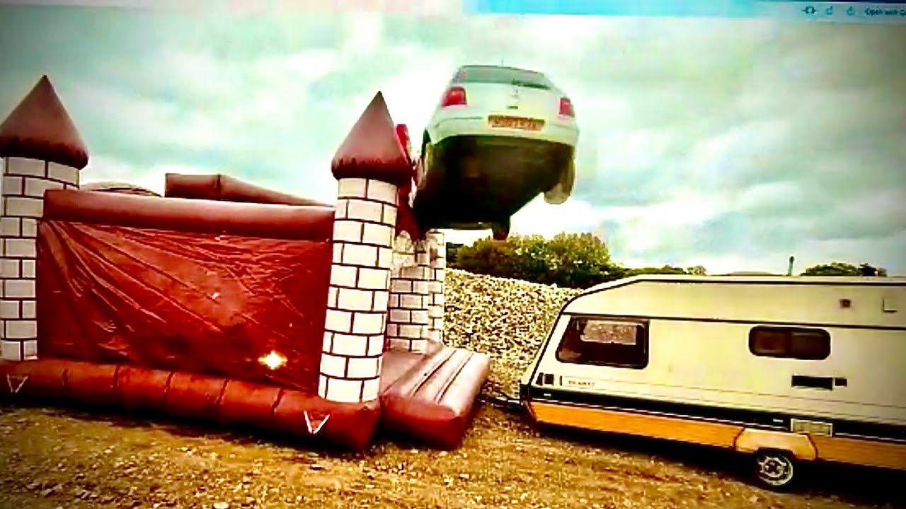 The lazy car dealer  caravan/bouncy castle car jump competition big ramp long run up destruction